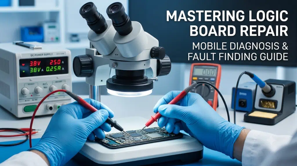 A close-up photograph of a technician using microscope and diagnostic tools to repair a dead smartphone motherboard short circuit at NexGen Institute Kochi Kerala.