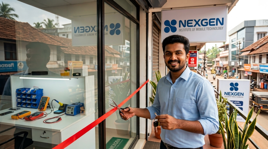 A smiling young man in a blue shirt is cutting a red ribbon with scissors at the grand opening of NexGen Institute of Mobile Technology. He is holding keys in his other hand. The institute sign with the blue spheres logo is visible above him, along with an interior view of a mobile repair training lab.